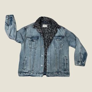 free people denim jacket with faux fur snow leopard lining